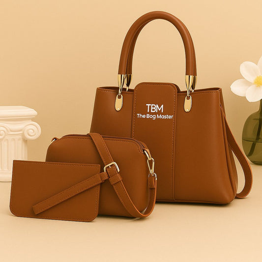 3 Pieces Ladies Handbag Elegant Design Premium Quality Smooth Finish Easy Carry - BROWN